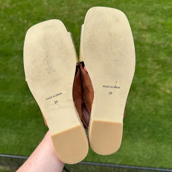 Eric Michael size 8.5 Flip Sandals Camel Suede Metallic Gold Leather Slingback - Picture 8 of 10